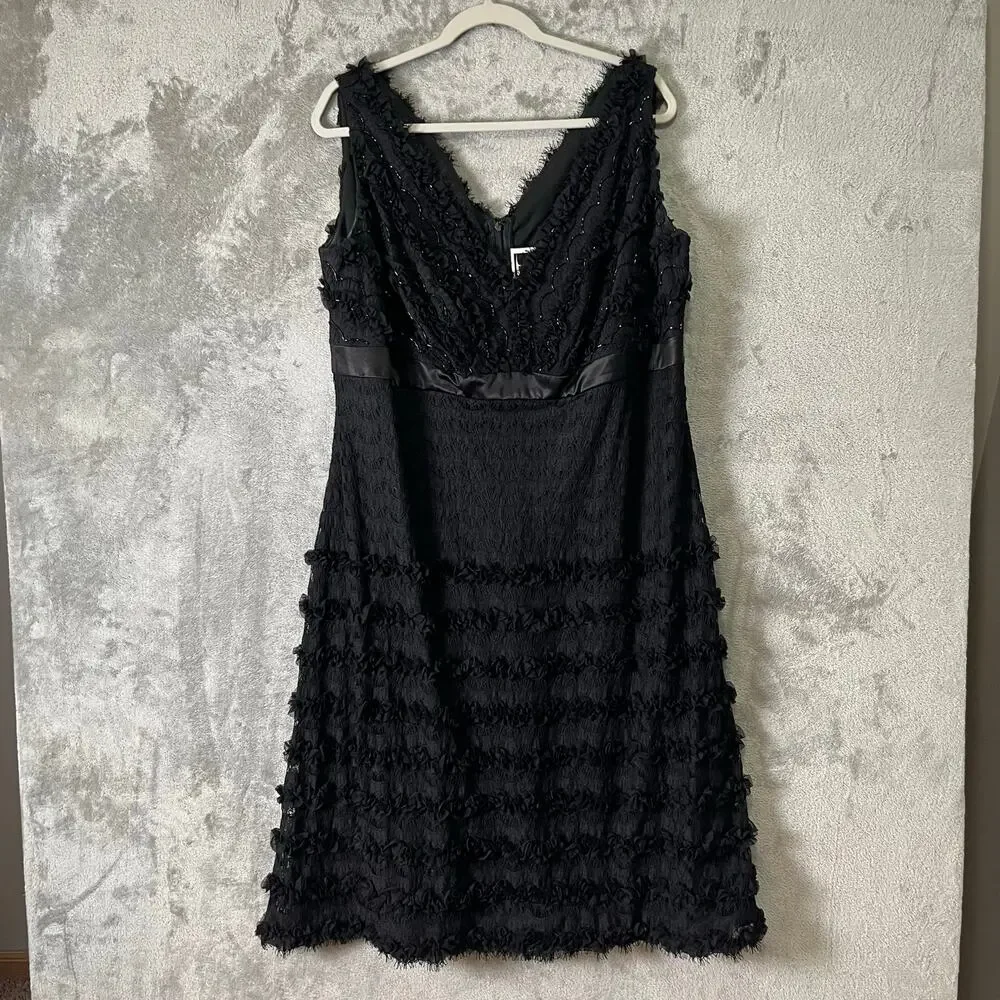 Tadashi Black Lace Dress Sleeveless V Neck Ruffle Gothic Romantic Size 18 Fancy